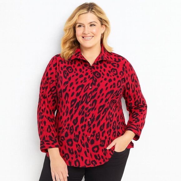 Chicos Womens No Iron Animal Print Shirt Button Top Red Black Size 3 | XL - Picture 1 of 12